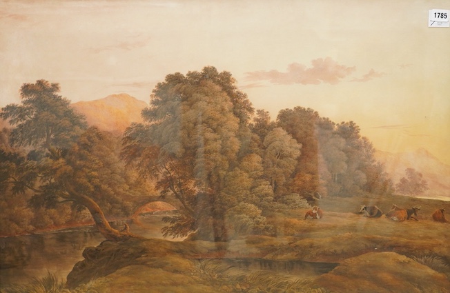 John Conor (19th. C), watercolour, Riverscape with resting cattle, provenance details verso, 58 x 88cm